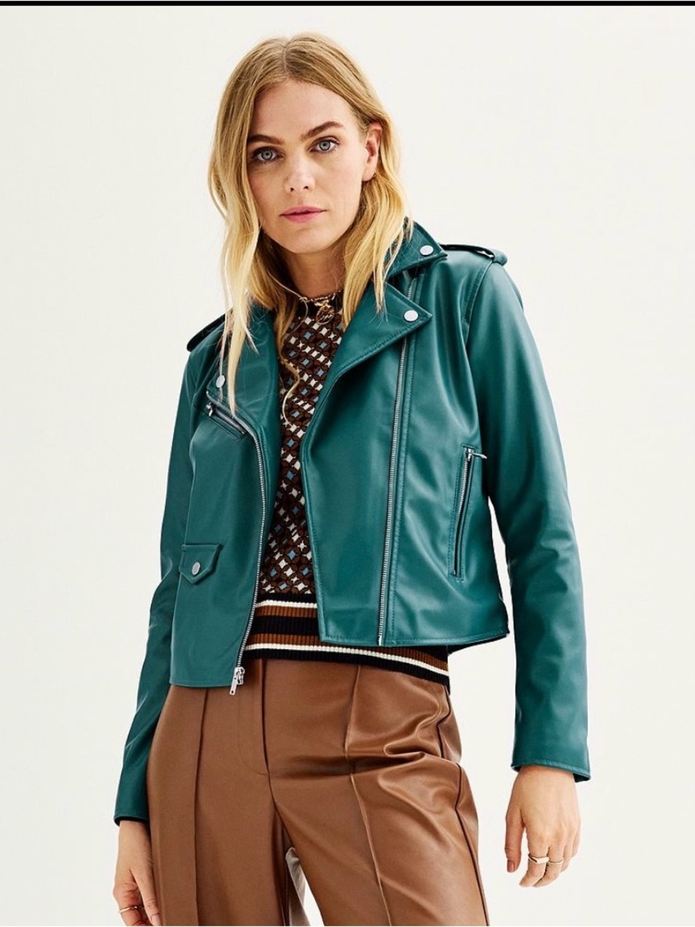 Nine West Teal Faux Leather Moto Jacket w silver zippers -like new size XL